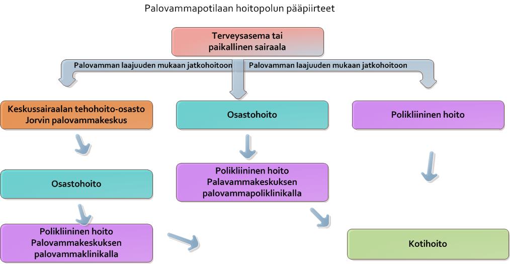 Kaavio palovammapotilaan hoitopolusta.