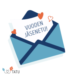 Piirretty sininen avoin kirjekuori, josta pilkottaa kirje, jossa teksti “Vuoden jäsenetu”.