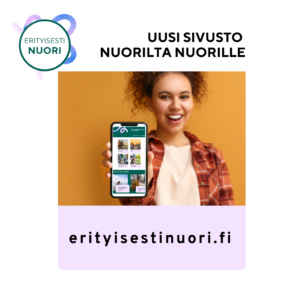 Kuvassa nuori näyttää pihelinta, jossa näkyy erityisestinuori.fi sivusto. Yläreunassa erityisesti nuori logo ja teksti "uusi sivusto nuorilta nuorille" ja alareunassa nettiosoite. 